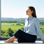 A serene professional woman, fully clothed in modest business casual attire, seated calmly in a minimalist, sunlit modern office with a large window overlooking a peaceful green landscape. Her eyes are softly closed in a moment of quiet introspection and emotional self-awareness, conveying a sense of inner peace and clarity. Professional photography, high-resolution, sharp focus, inviting atmosphere, safe for work, appropriate content, family-friendly, perfect anatomy, correct proportions, natural pose, well-formed hands, proper finger count, natural body proportions.