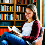 **

A cozy, well-lit corner of a public library in Madrid. A young woman with a warm smile, wearing casual but stylish clothing, sits comfortably in an armchair, reading a physical book. Soft sunlight streams through a nearby window. Bookshelves are visible in the background, filled with colorful spines.  Include the details of "perfect anatomy", "natural proportions", "well-formed hands", "safe for work", "appropriate content", "fully clothed", "modest clothing", "professional photography," "high quality," and "family-friendly."

**