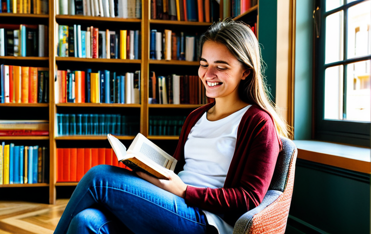 **

A cozy, well-lit corner of a public library in Madrid. A young woman with a warm smile, wearing casual but stylish clothing, sits comfortably in an armchair, reading a physical book. Soft sunlight streams through a nearby window. Bookshelves are visible in the background, filled with colorful spines.  Include the details of "perfect anatomy", "natural proportions", "well-formed hands", "safe for work", "appropriate content", "fully clothed", "modest clothing", "professional photography," "high quality," and "family-friendly."

**