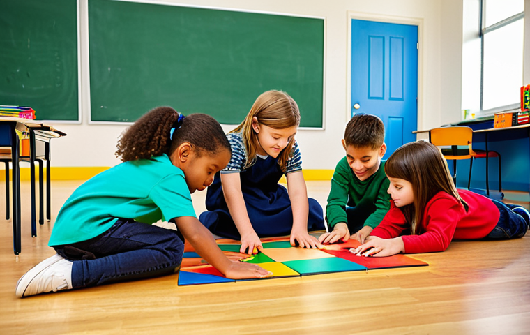 수학 교구 활용법 - Geometric Fun**

"A group of elementary school children fully clothed, working together on a large f...