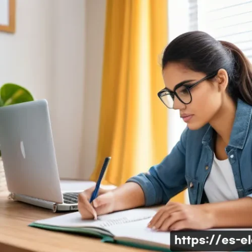 자기주도 학습법 - A focused young Hispanic woman sitting at a tidy wooden desk in a cozy home study room, surrounded b...