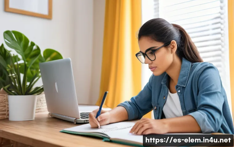자기주도 학습법 - A focused young Hispanic woman sitting at a tidy wooden desk in a cozy home study room, surrounded b...