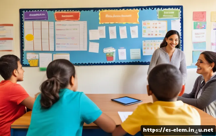 학부모 참여 프로그램 - A warm and inviting classroom scene in a Spanish-speaking community, showing a diverse group of pare...