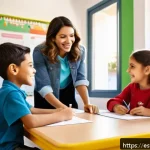 Home 16 학급 운영 및 교실 규칙 - A vibrant elementary school classroom scene in Spain, showing a diverse group of young students aged...